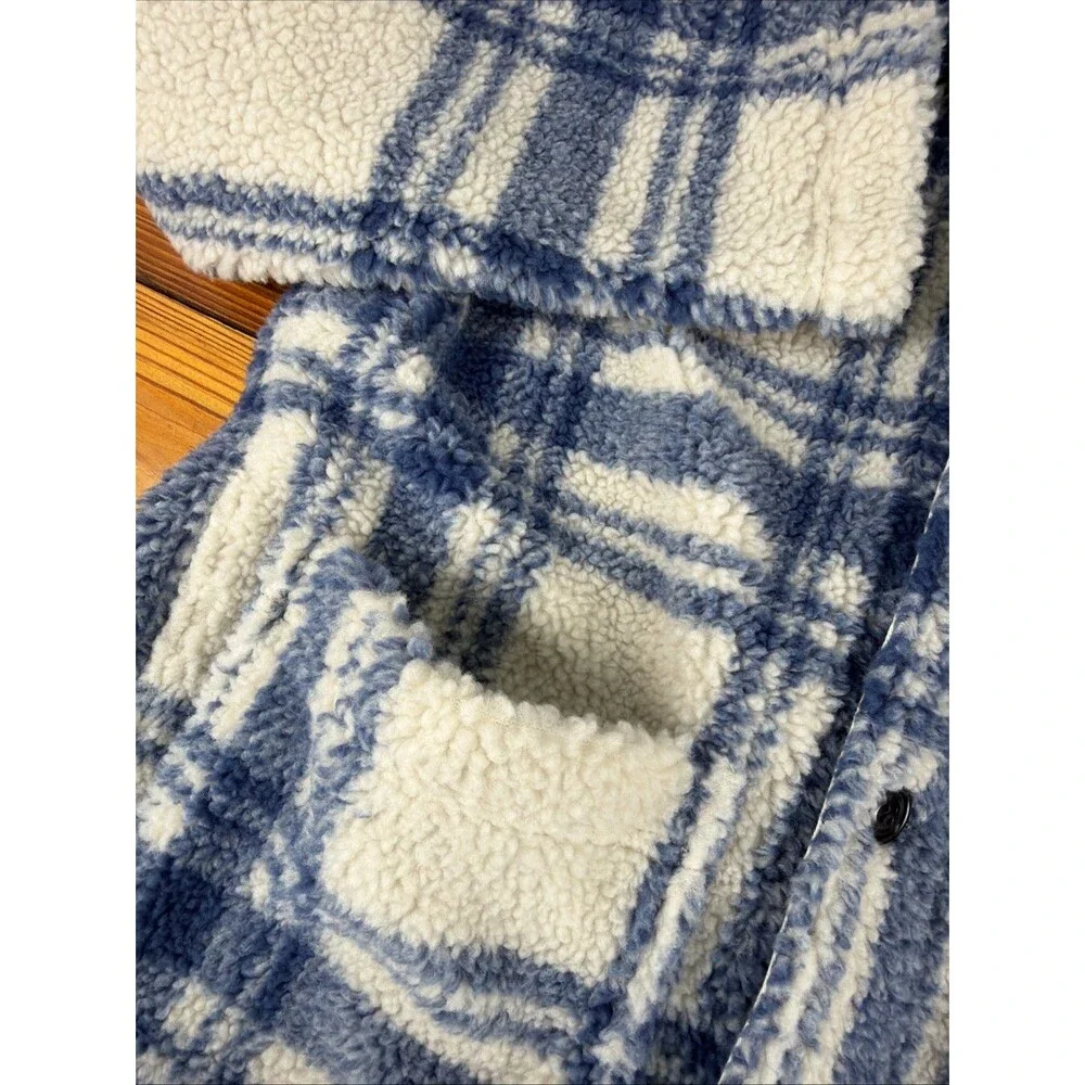 J Crew Nordic All Weather Designs Fuzzy Sherpa Fleece Jacket Women L Window Pane